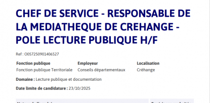 📌 Offre d’emploi – Chef de service / Responsable de la médiathèque