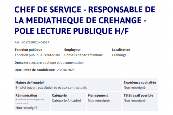 📌 Offre d’emploi – Chef de service / Responsable de la médiathèque